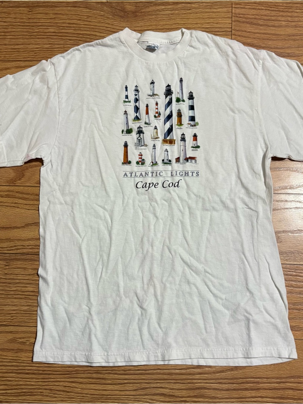 Vintage Atlantic Lights Lighthouse Graphic Tshirt White L Cape Cod Beach
